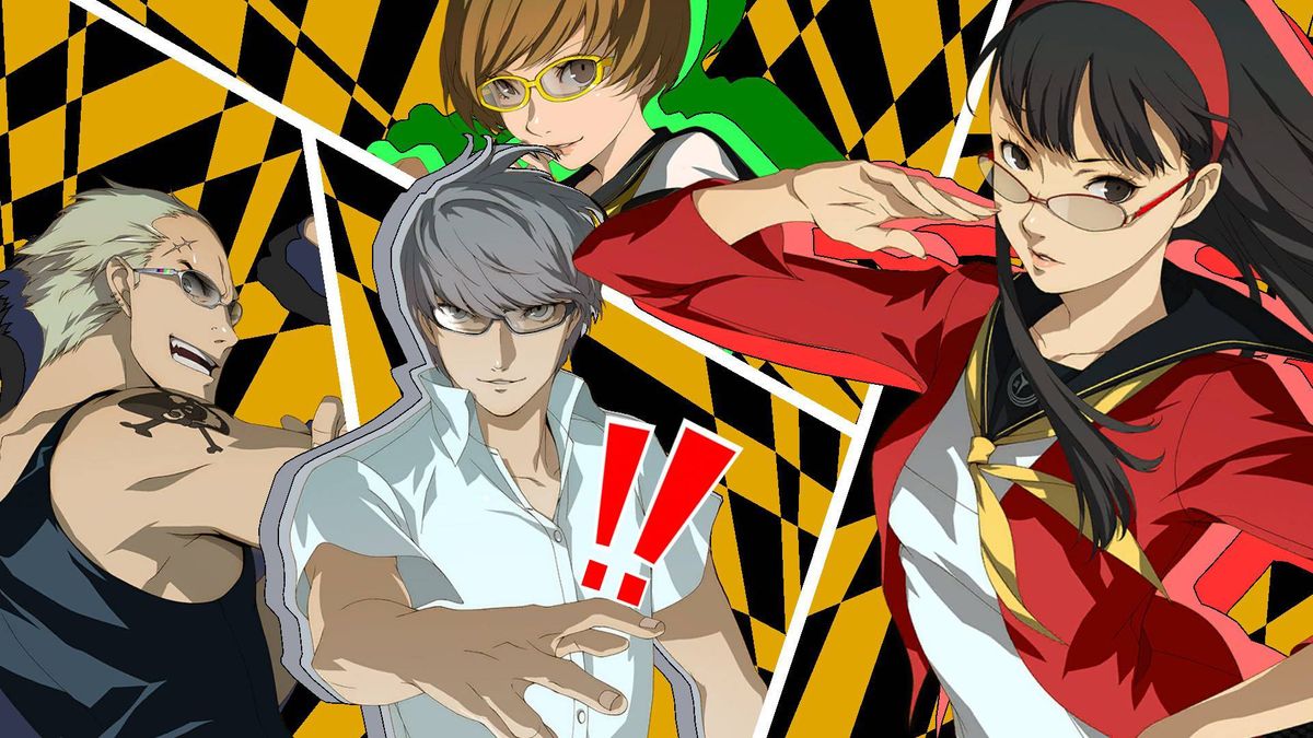 Persona 4 Golden All-Out-Attack cut-in screenshot featuring Kanji, Yu, Chie, and Yukiko.