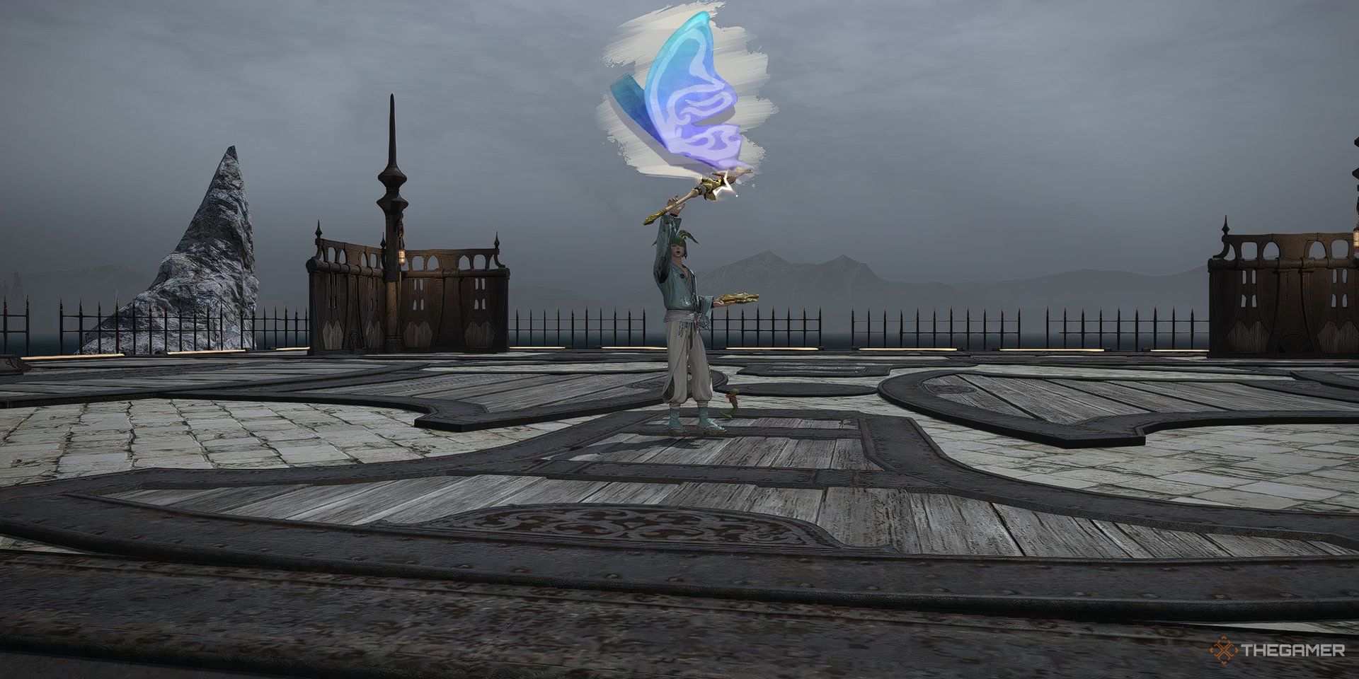 A Pictomancer using his Victory Pose in Final Fantasy 14.