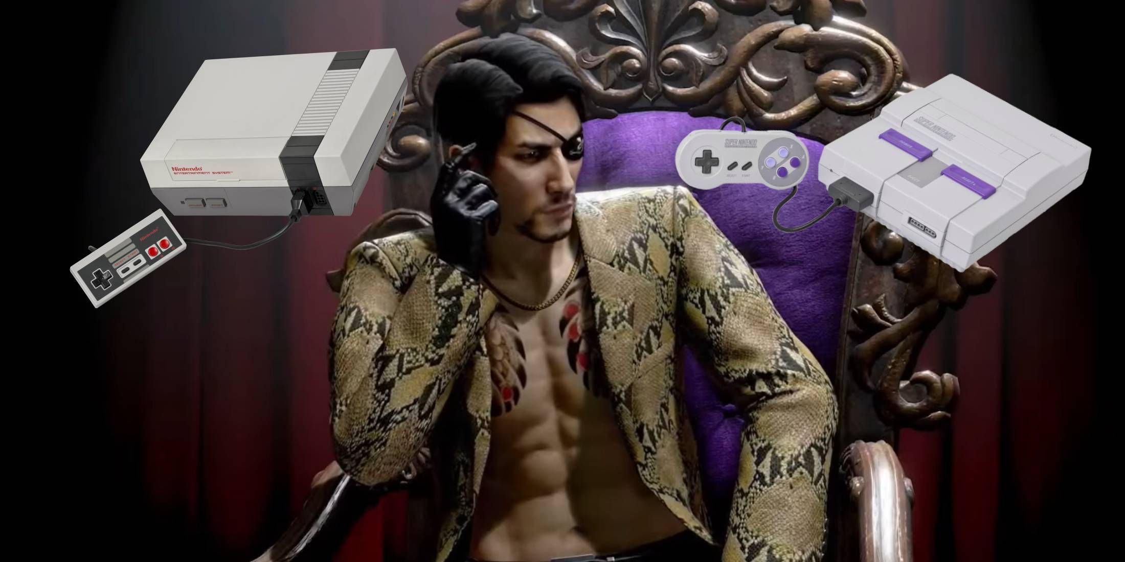 Goro Majima from Pirate Yakuza in Hawaii's trailer with an NES and SNES