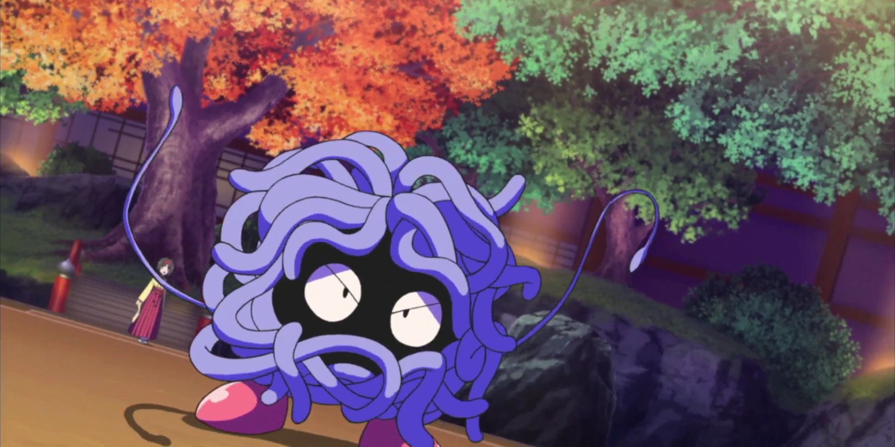 A screenshot showing Erika's Tangela from the Pokemon anime.