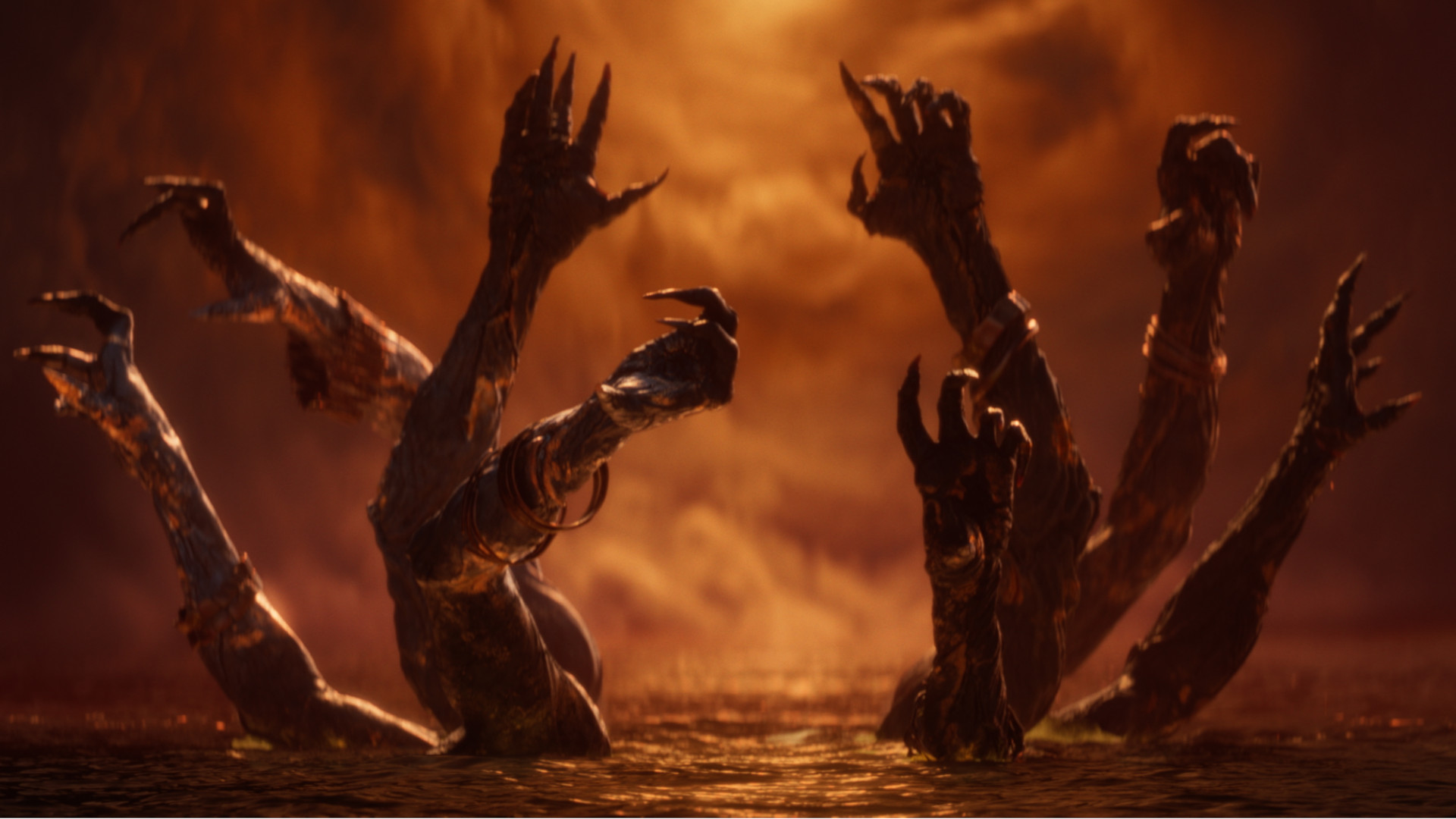 Multiple hands coming out of the sea during the cinematic trailer for Saros.