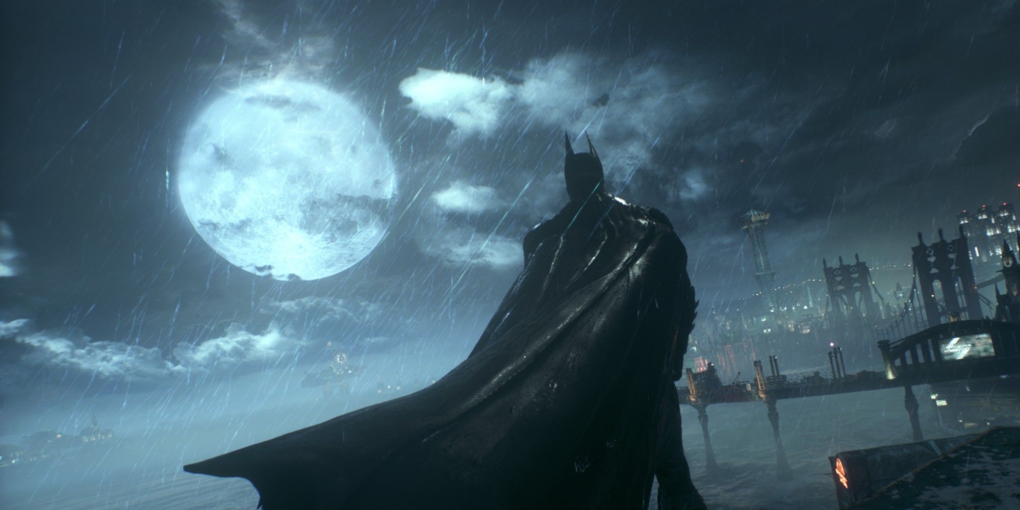 Batman looking out at the Gotham Bay in Batman Arkham Knight.