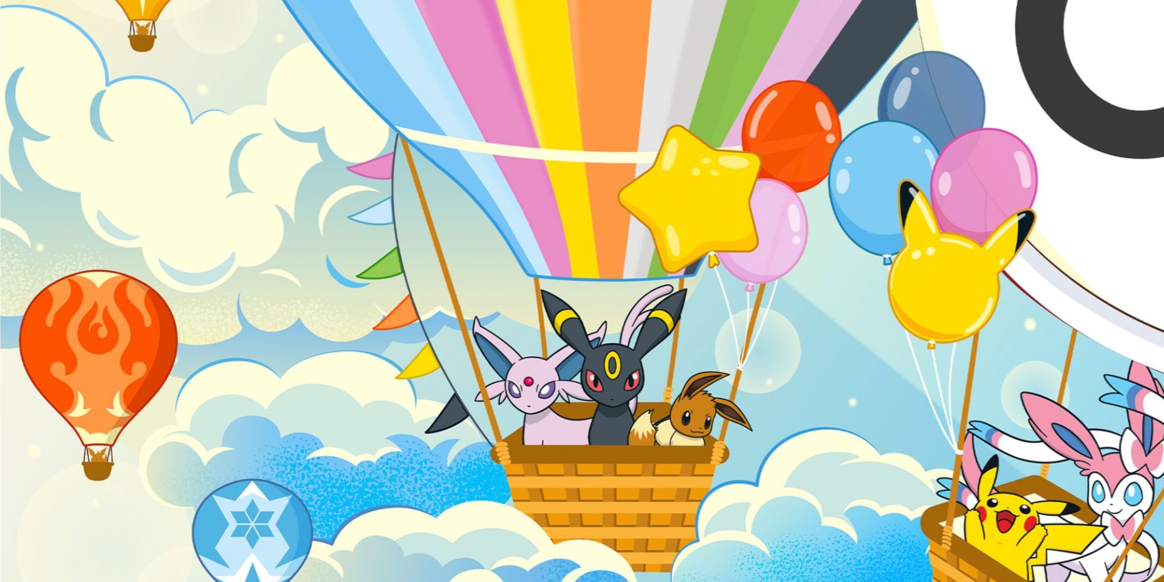 espeon umbreon and eevee in a hot air balloon.