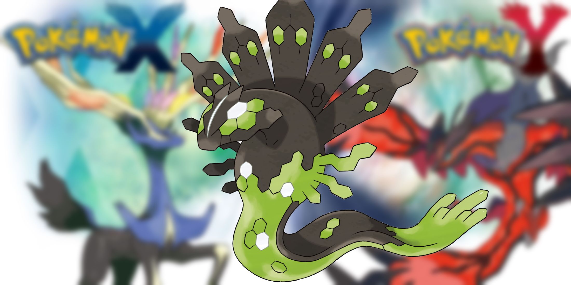 A blurred key visual for Pokemon X and Y overlayed with an image of Zygarde.