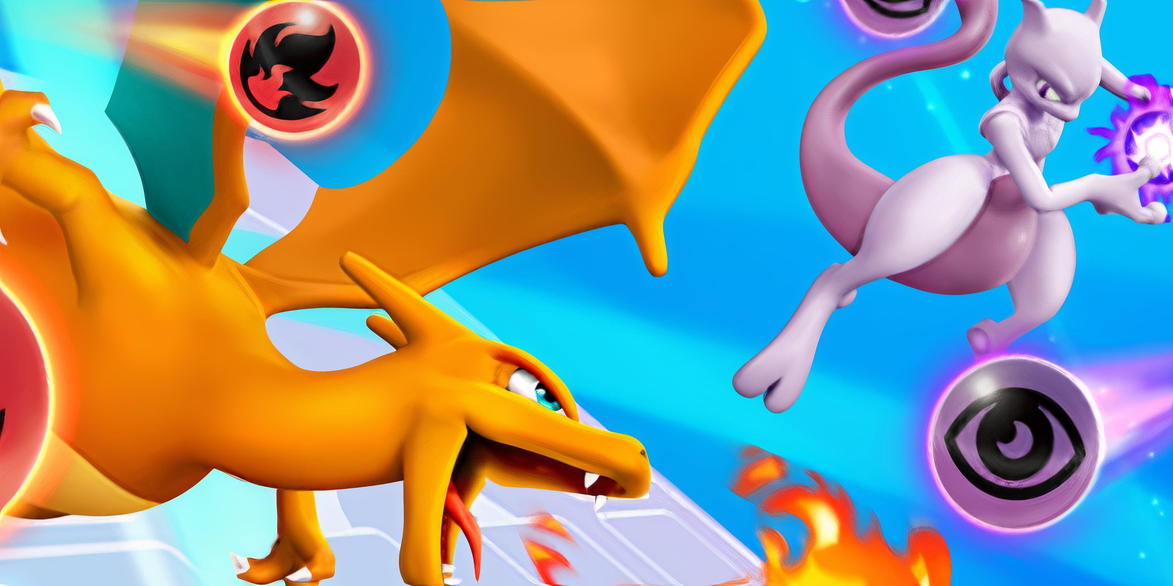 charizard and mewtwo battling in pokemon tcg pocket.