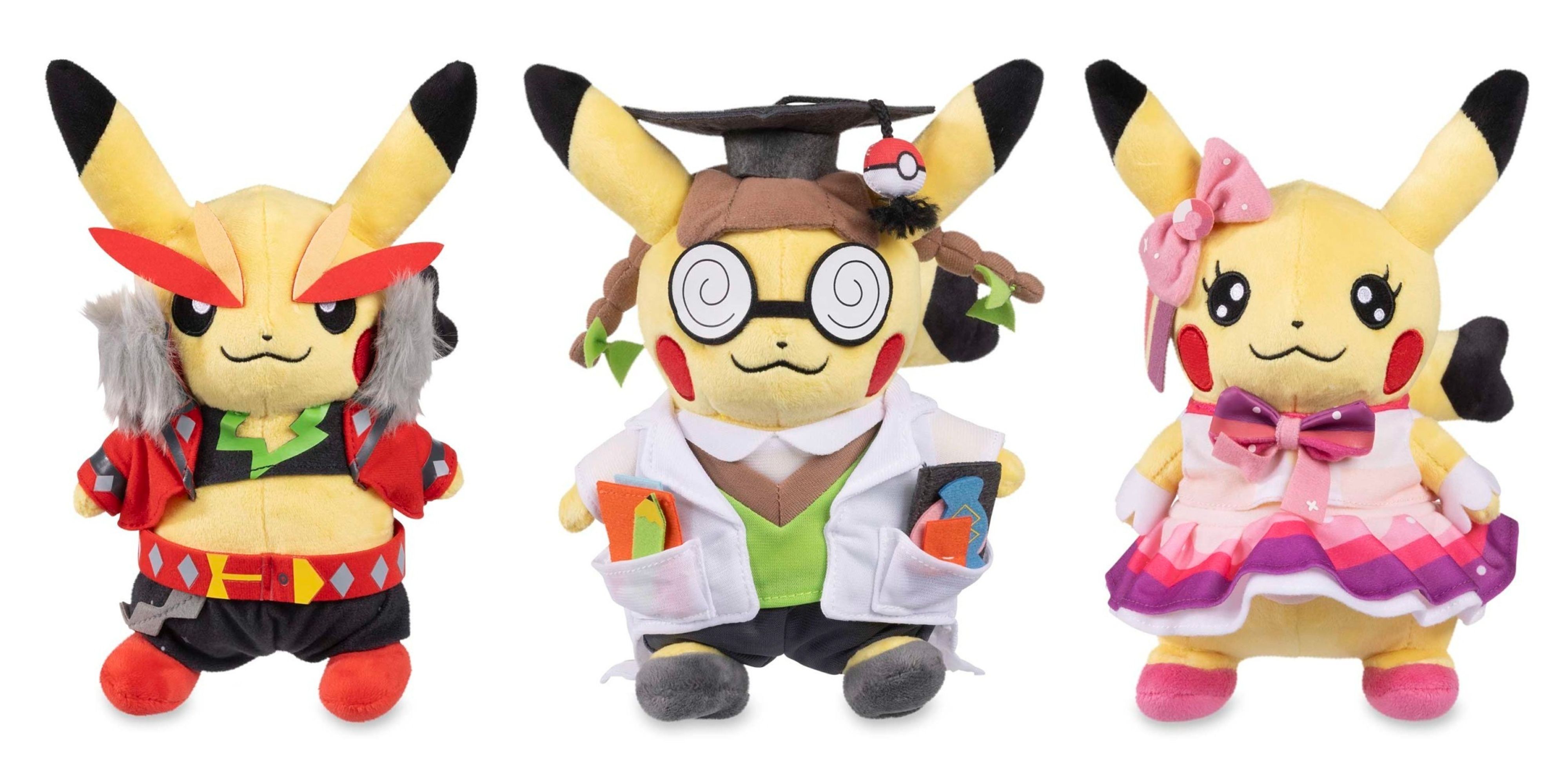 rock star, doctor, and doctor pikachu cosplay plushes.