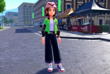 the female protagonist in pokemon legends z-a standing in a city street. she's wearing wide-legged pants, a series first