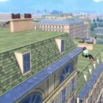 a trainer clutches a ball of light that helps them glode between Parisian rooftops in Pokemon Legends Z-A