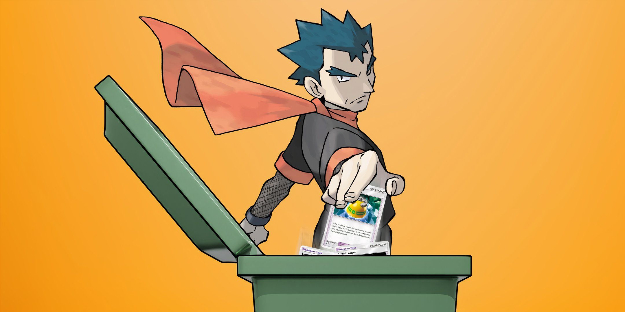 Pokemon Koga putting rocky helmet in bin