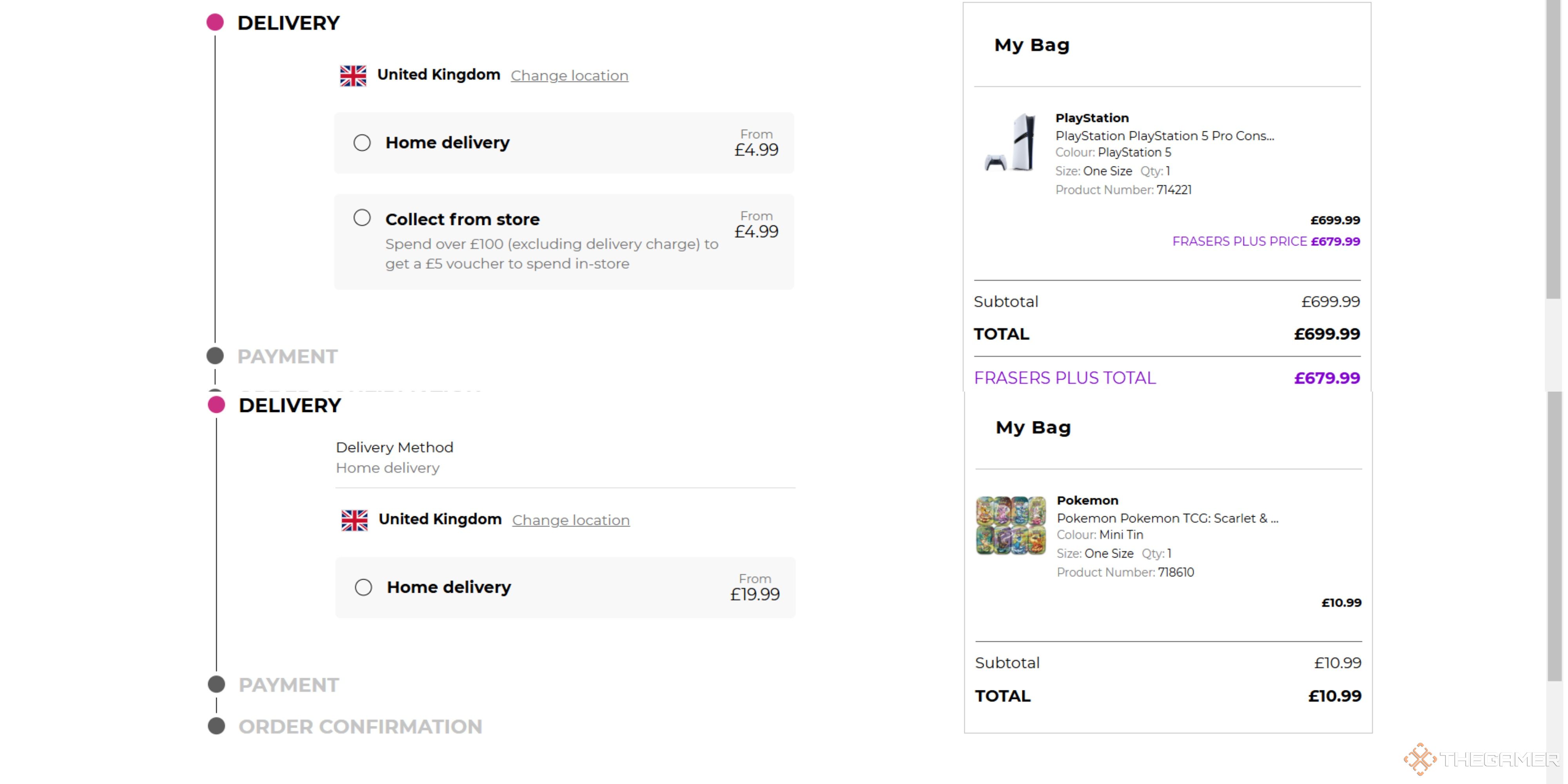 delivery charges for a ps5 pro and prismatic evolutions mini tin from Game.