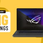 Asus ROG Zephyrus G16 gaming laptop on a yellow background with big savings badge