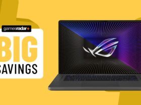 Asus ROG Zephyrus G16 gaming laptop on a yellow background with big savings badge