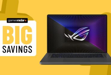 Asus ROG Zephyrus G16 gaming laptop on a yellow background with big savings badge