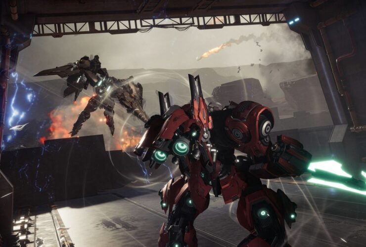 A hangar door opens, throwing two mechs into close-quarters battle in Mecha Break