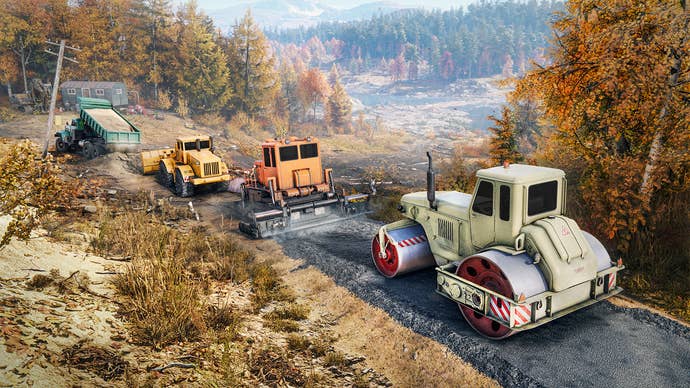 Some vehicles laying a road in RoadCraft.