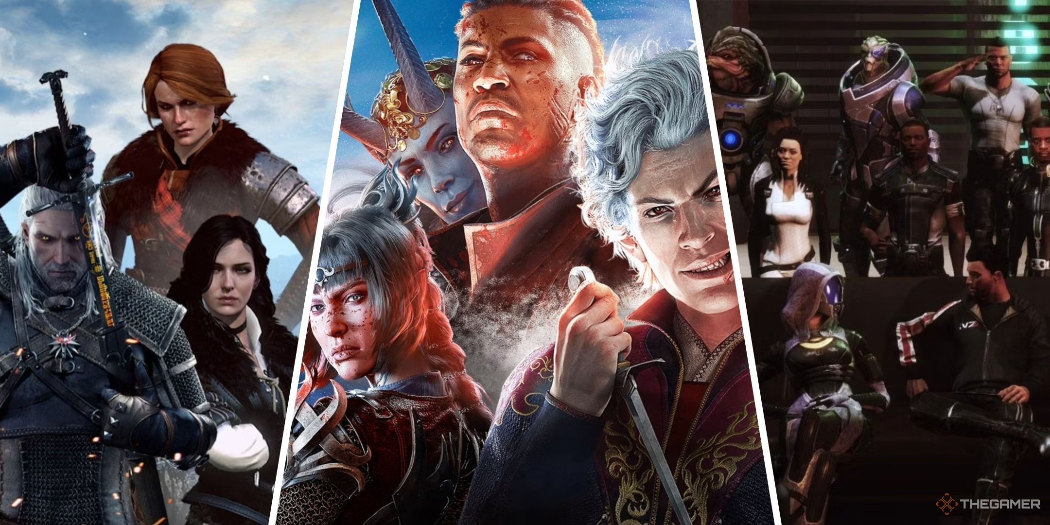 RPGs With Amazing Character Stories New Feature Image - Main Characters From The Witcher 3, Baldur's Gate 3, And Mass Effect