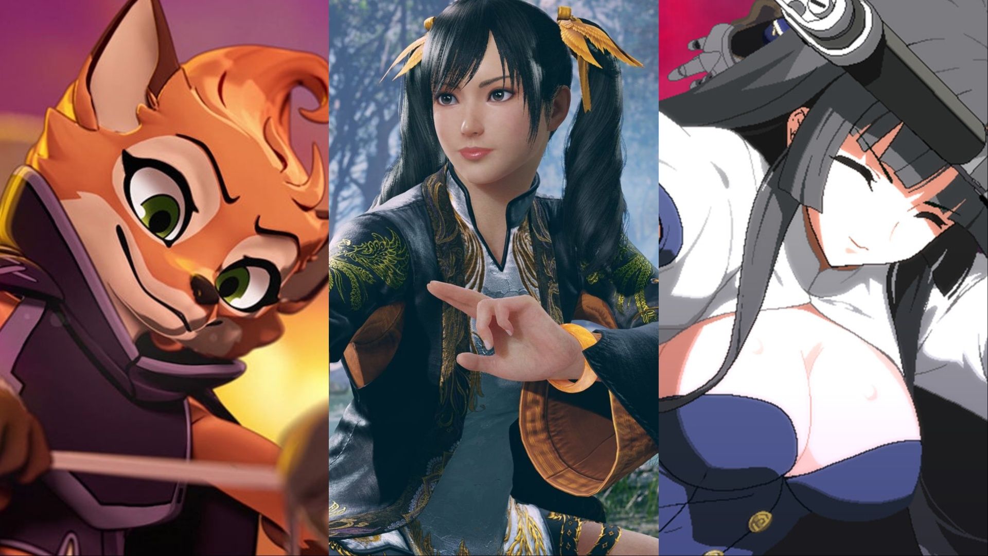 A collage of images showcasing (From Left to Right) Fleet from Rivals of Aether 2, Xiaoyu from Tekken 8, and Kaguya from Under Night In-Birth 2 Sys:Celes.