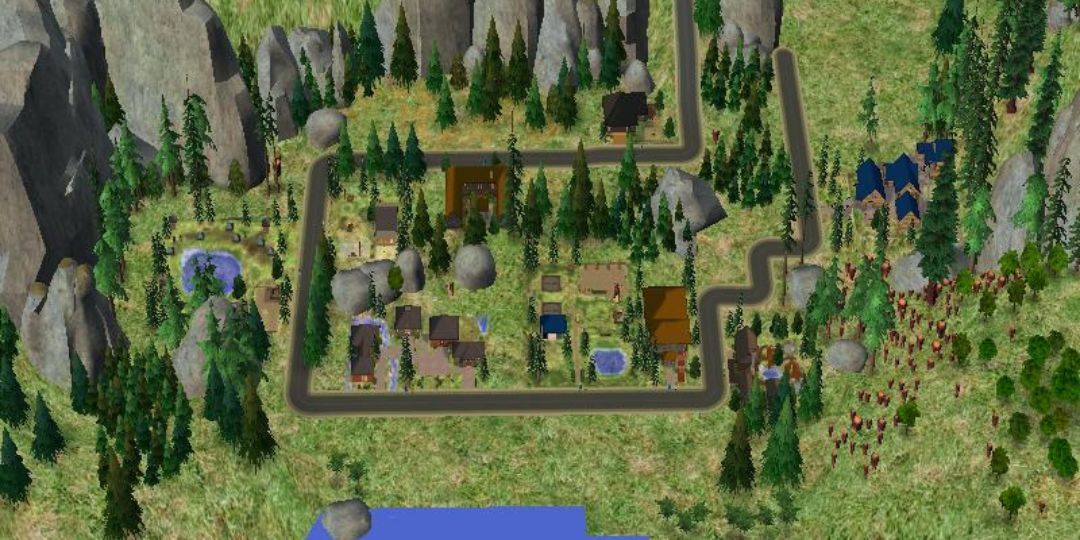 The town of Three Lakes is shown. It is a pacific northwest themed small resort town.