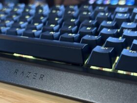 close up on Razer logo on the front of the Razer BlackWidow V4 75% keyboard