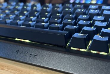 close up on Razer logo on the front of the Razer BlackWidow V4 75% keyboard