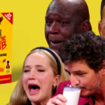 Reaction image of celebrities including Jennifer Lawrence, Shaq, Will Smith, and Pedro Pascal during their Hot Ones interviews laid over a product image of the Hot Ones Truth or Dab game