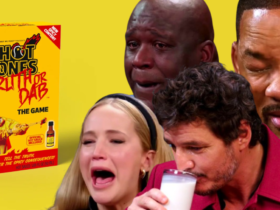 Reaction image of celebrities including Jennifer Lawrence, Shaq, Will Smith, and Pedro Pascal during their Hot Ones interviews laid over a product image of the Hot Ones Truth or Dab game