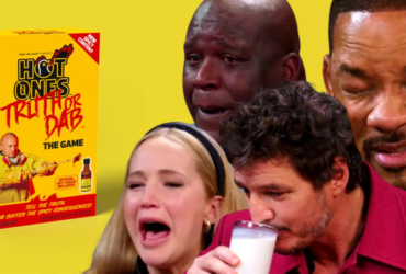 Reaction image of celebrities including Jennifer Lawrence, Shaq, Will Smith, and Pedro Pascal during their Hot Ones interviews laid over a product image of the Hot Ones Truth or Dab game