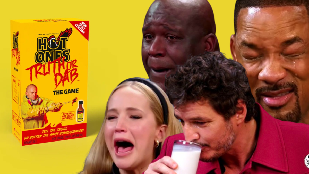 Reaction image of celebrities including Jennifer Lawrence, Shaq, Will Smith, and Pedro Pascal during their Hot Ones interviews laid over a product image of the Hot Ones Truth or Dab game