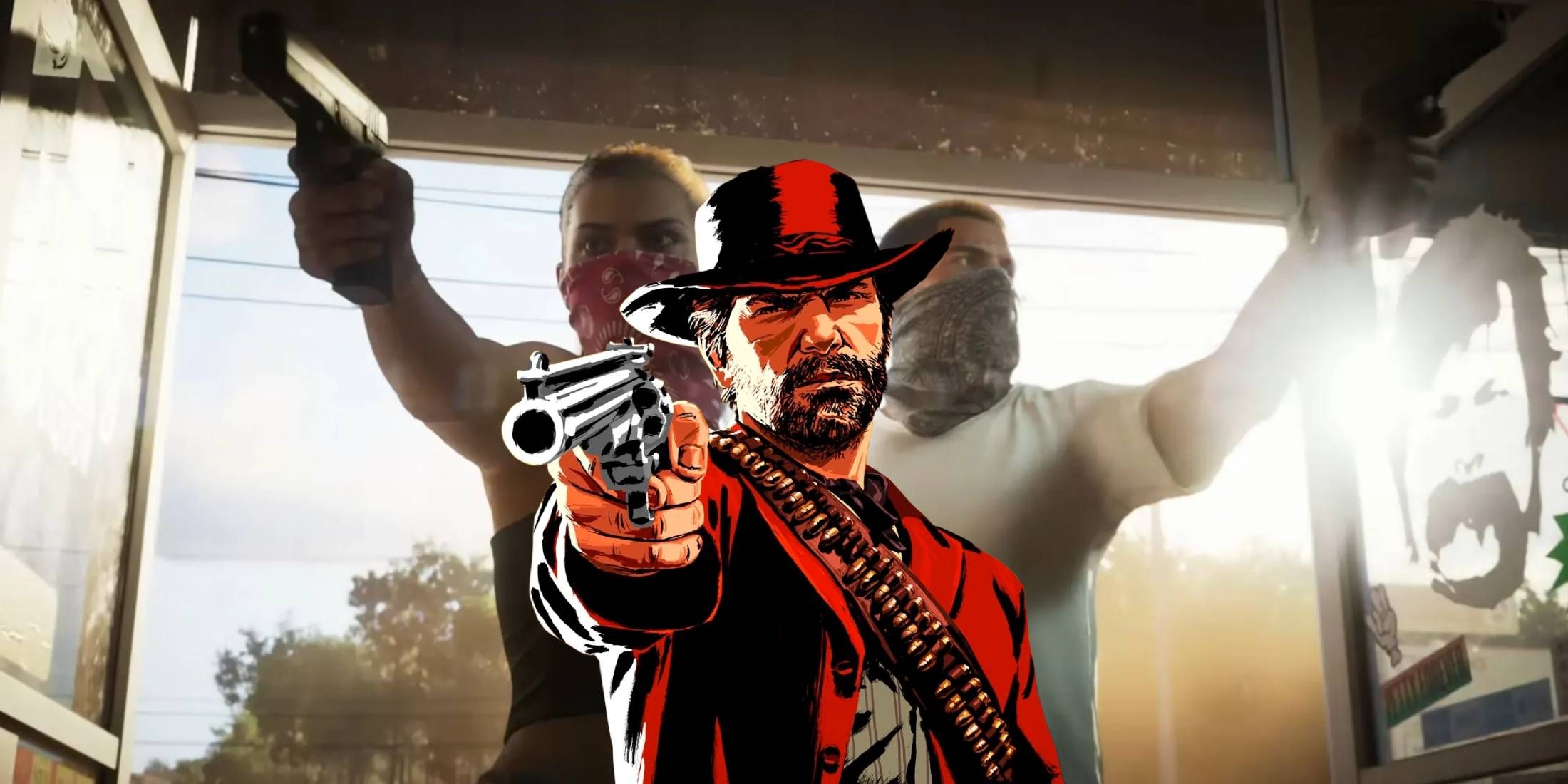 Arthur Morgan from Red Dead Redemption 2 holding a gun alongside Grand Theft Auto 6's protagonists