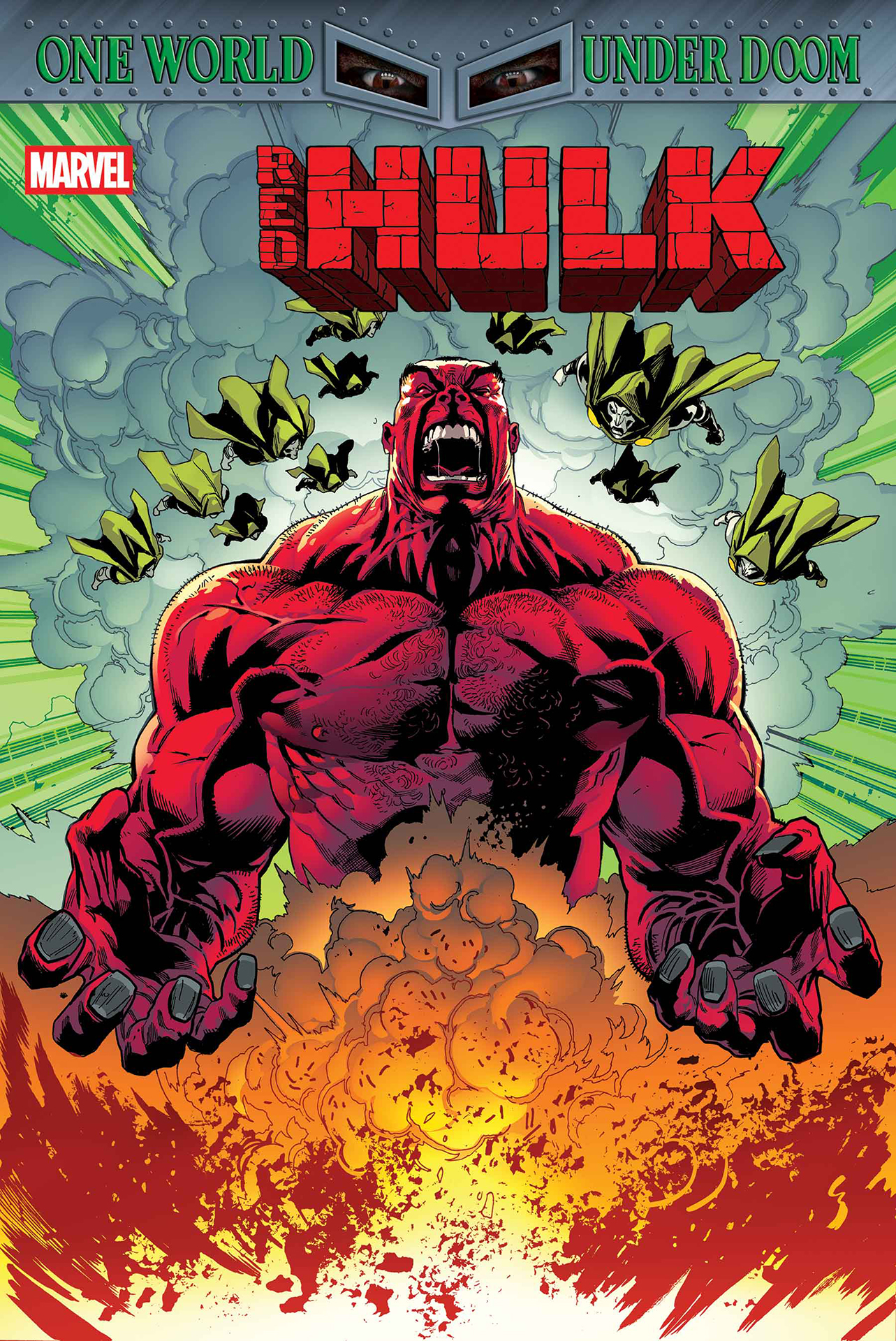 Red Hulk being attacked by a swarm of Doombots