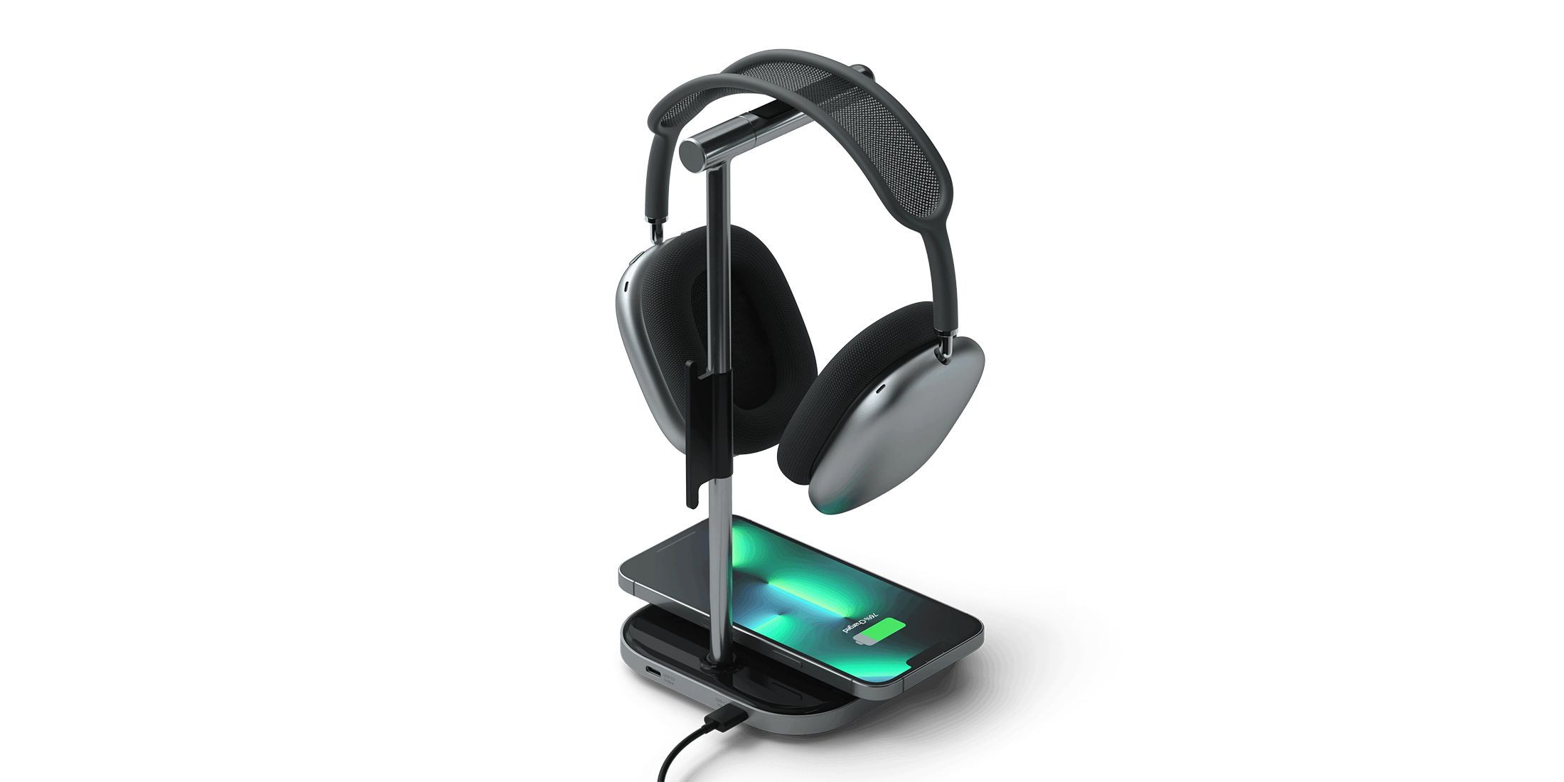 Satechi 2-in-1 Headphone Stand With Wireless Charger back with headset and phone