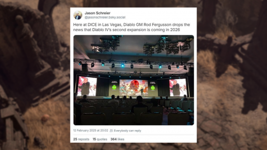 A quote from Jason Schreier stating: Here at DICE in Las Vegas, Diablo GM Rod Fergusson drops the news that Diablo IV’s second expansion is coming in 2026