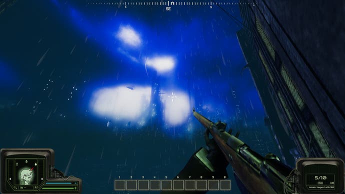 The player looks up to a night sky with skyscrapers visible through the blue haze in Peripeteia.