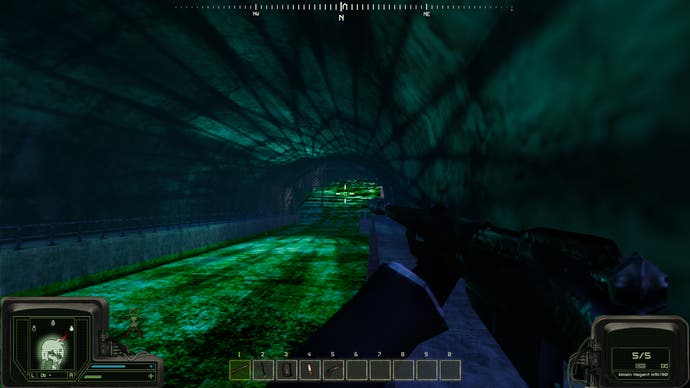 The player travels along a green sewer tunnel in Peripeteia.