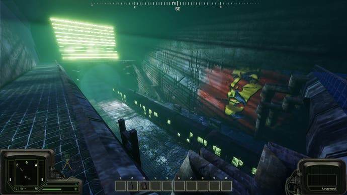 The player looks down on a train platform with light streaming in through a metal grate, revealing colourful graffiti on the wall,  in Peripeteia.