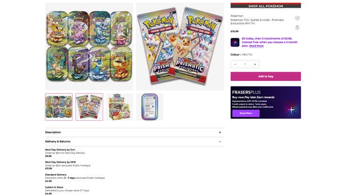 GAME's Pokemon TCG: Scarlet & Violet Prismatic Evolutions Mini Tin product page today, with the chain's regular delivery options now available.