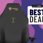 A Secretlab Titan Evo Lite on a purple background, next to a Best Deal stamp