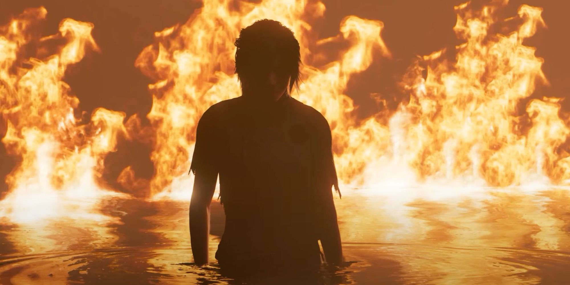 Lara Croft emerging from the water and flames in Shadow of the Tomb Raider.