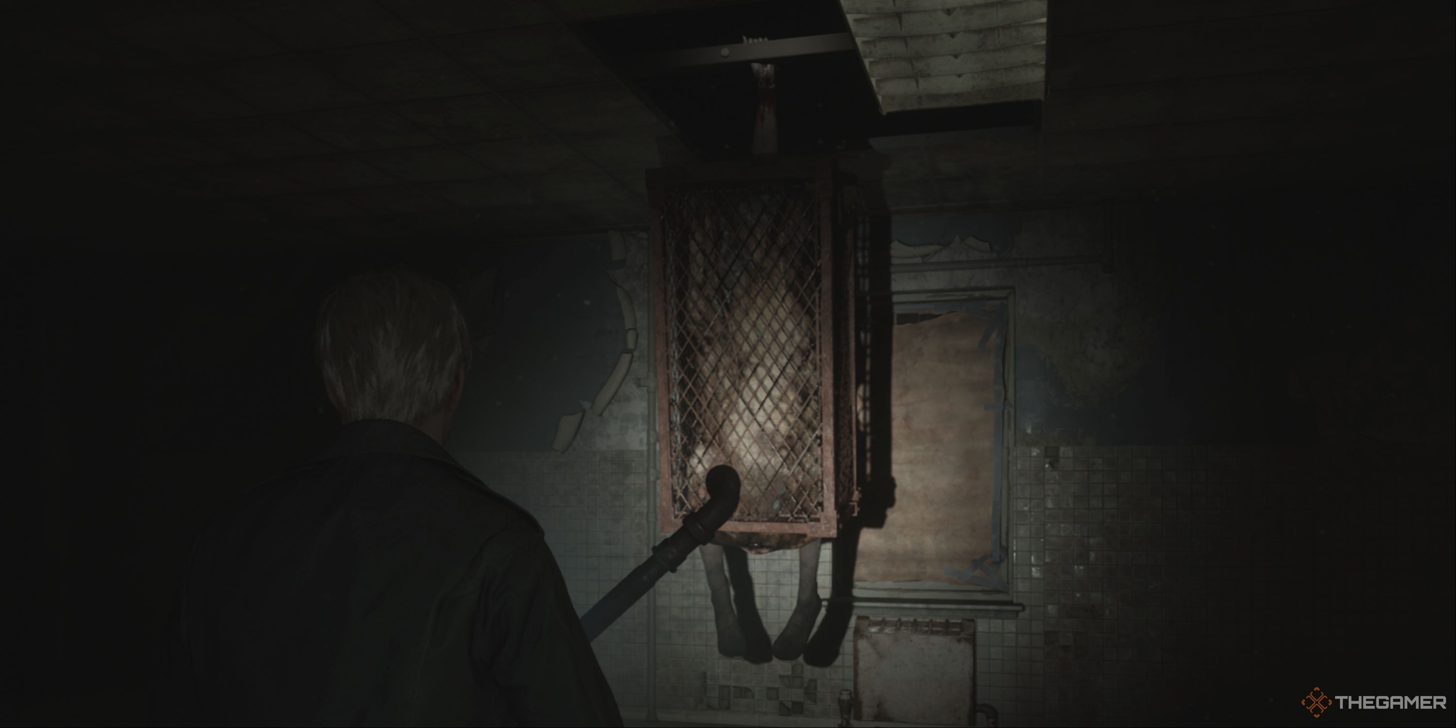 Silent Hill 2 - James holding a pipe and approaching the Flesh Lip boss who's suspended from the ceiling in a cage.