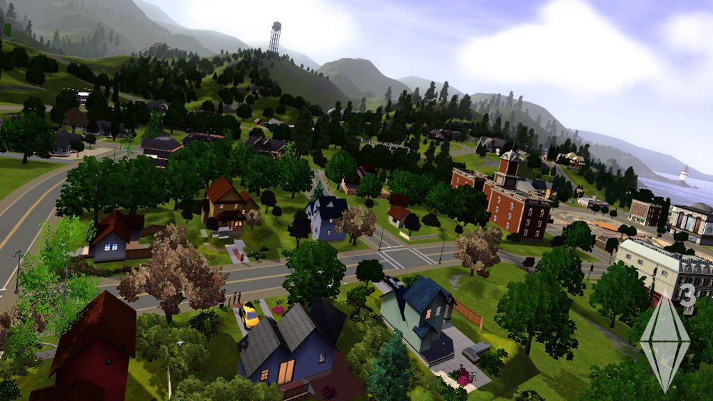 Aerial shot of The Sims 3 neighbourhood.