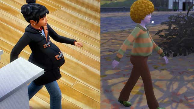 Two screenshots of pregnant kids from The Sims 4. 