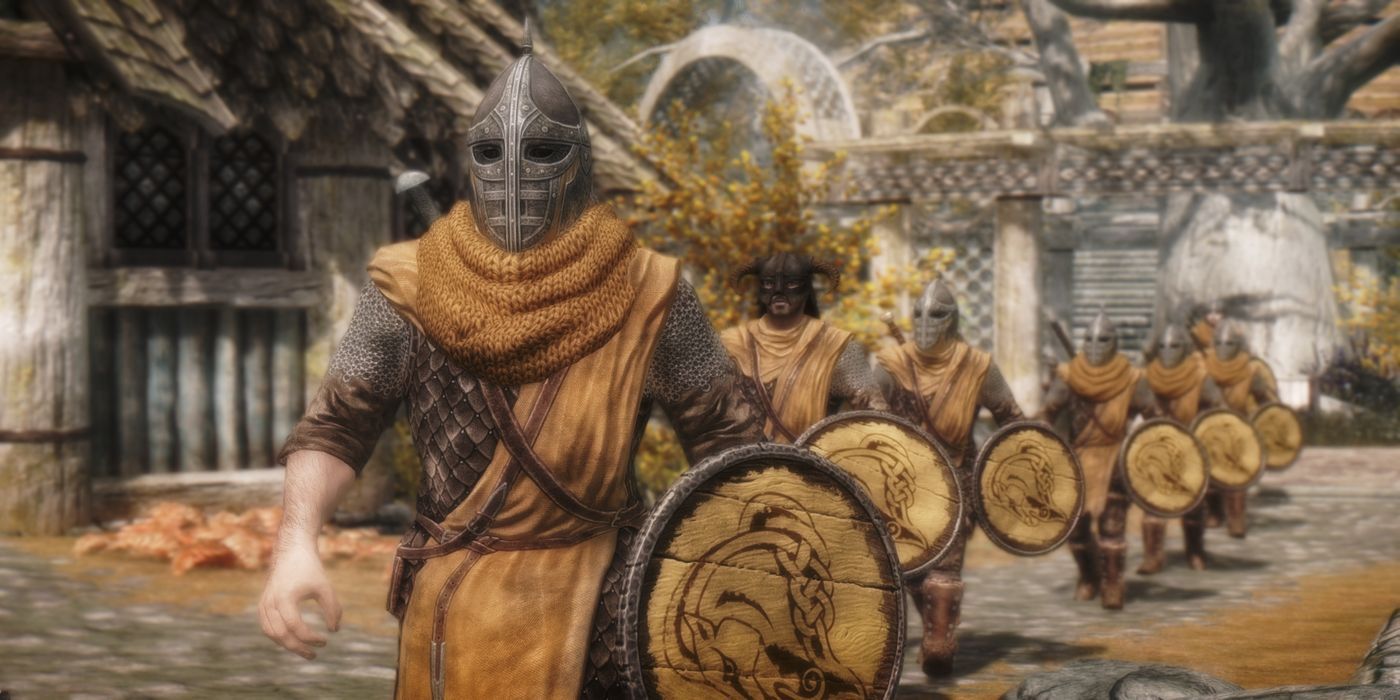 A Whiterun guard walking around in Skyrim. 