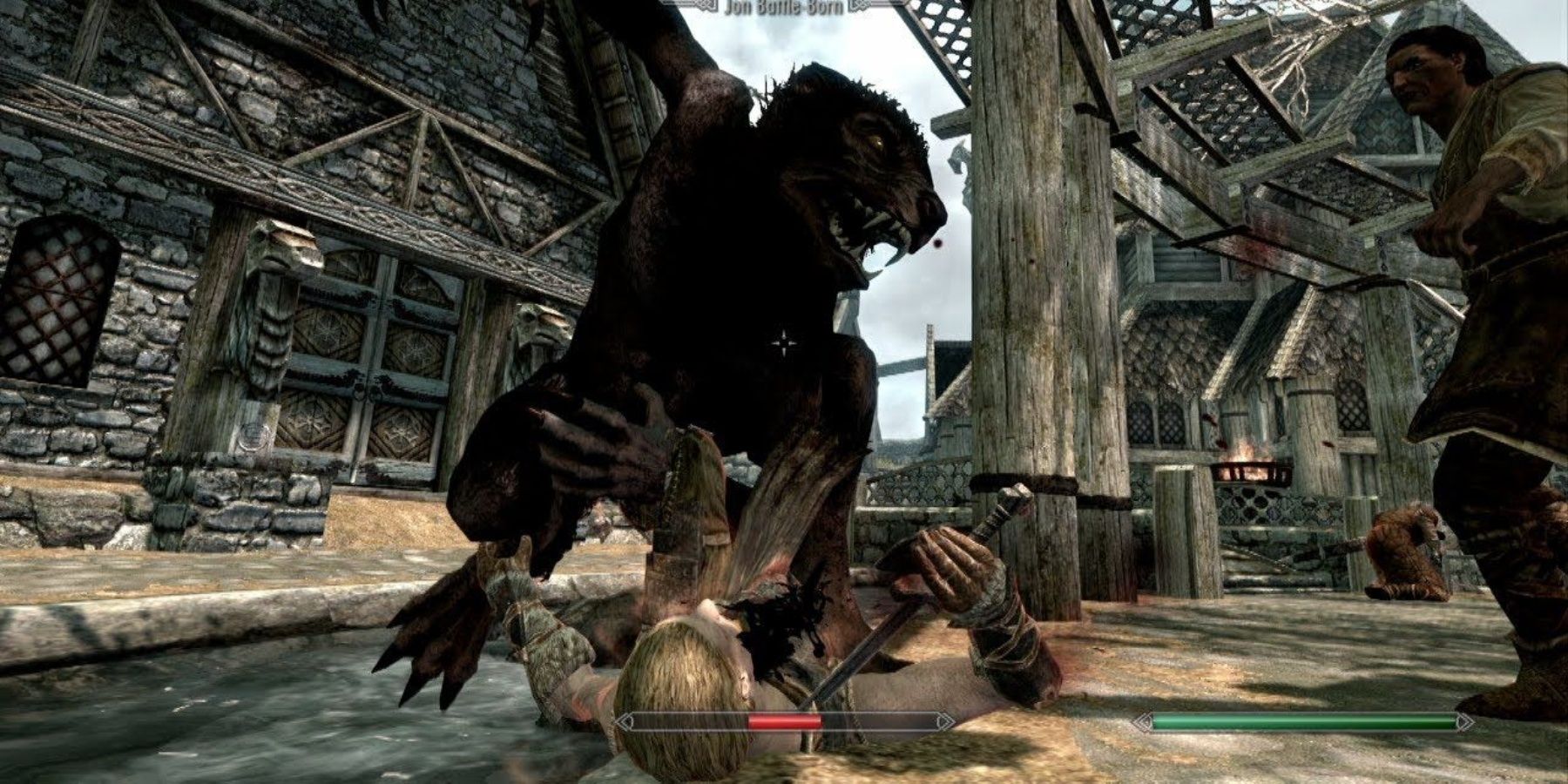 A Werewolf kills a man in Skyrim.