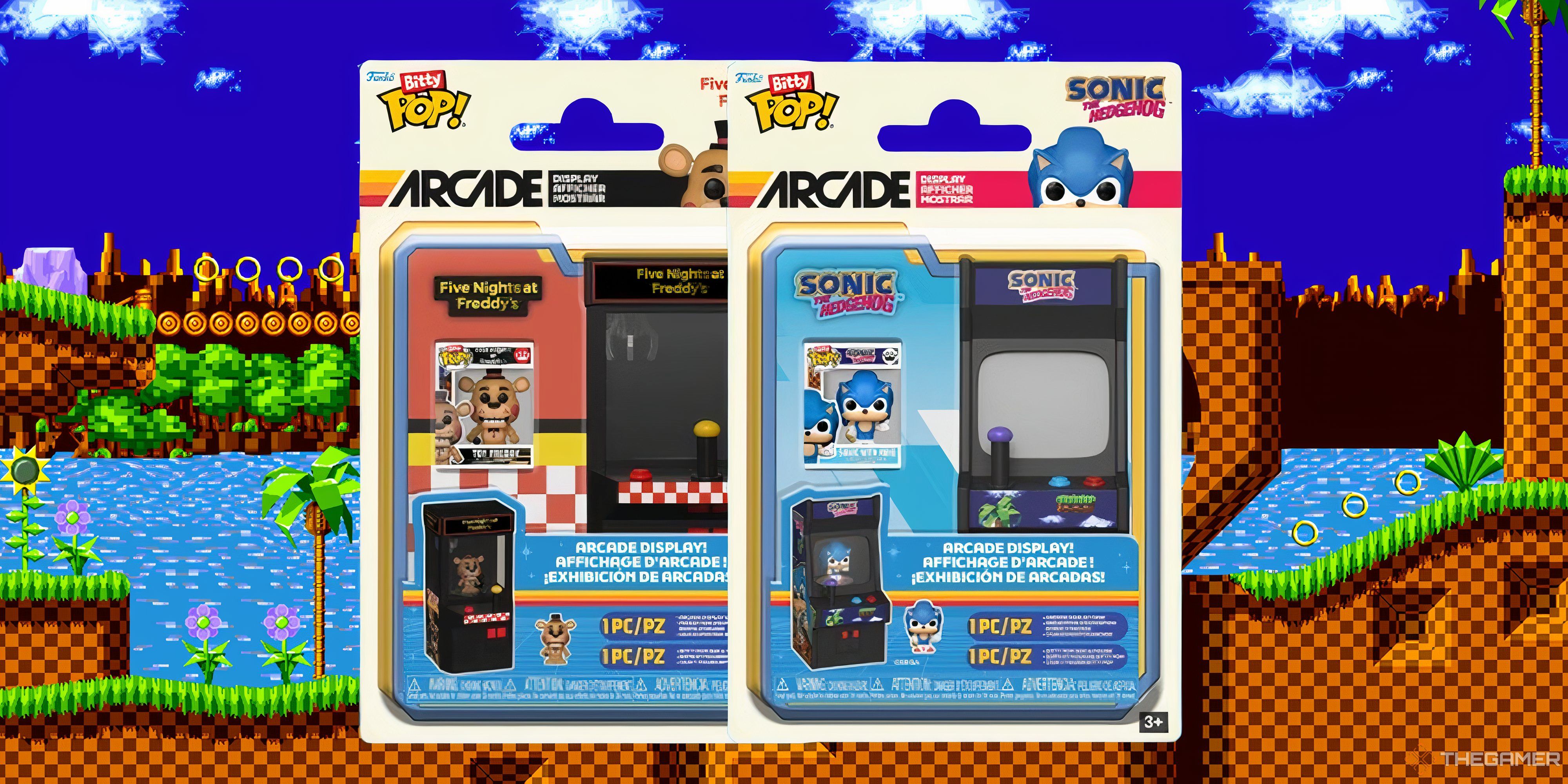 sonic and five nights at freddy's bitty pop arcade displays.