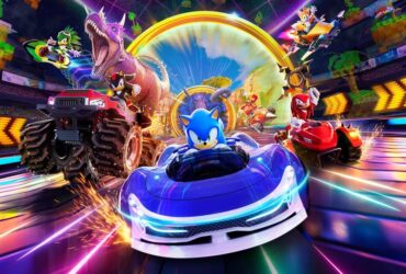 Jet The Hawk, Shadow The Hedgehog, Sonic The Hedgehog, Knuckles The Echidna, Eggman, and Tails The Fox race towards us on a variety of vehicles in Sonic Racing CrossWorlds, emerging from ring portals depicting various levels from Sonic history