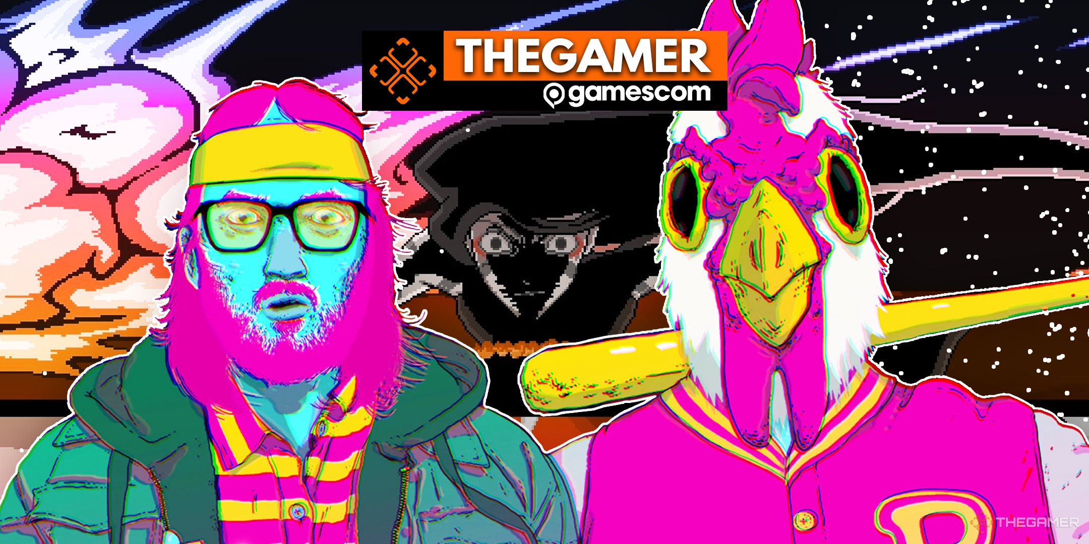 A collage showing characters of Hotline Miami at the front and Sonokuni's protagonist behind them, looking menacing.