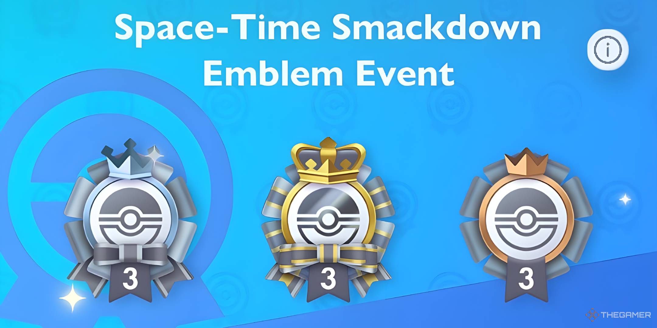 The Space-Time Smackdown Emblem Event Banner, showing the Silver, Gold, and Bronze emblems on a blue ribbon background.