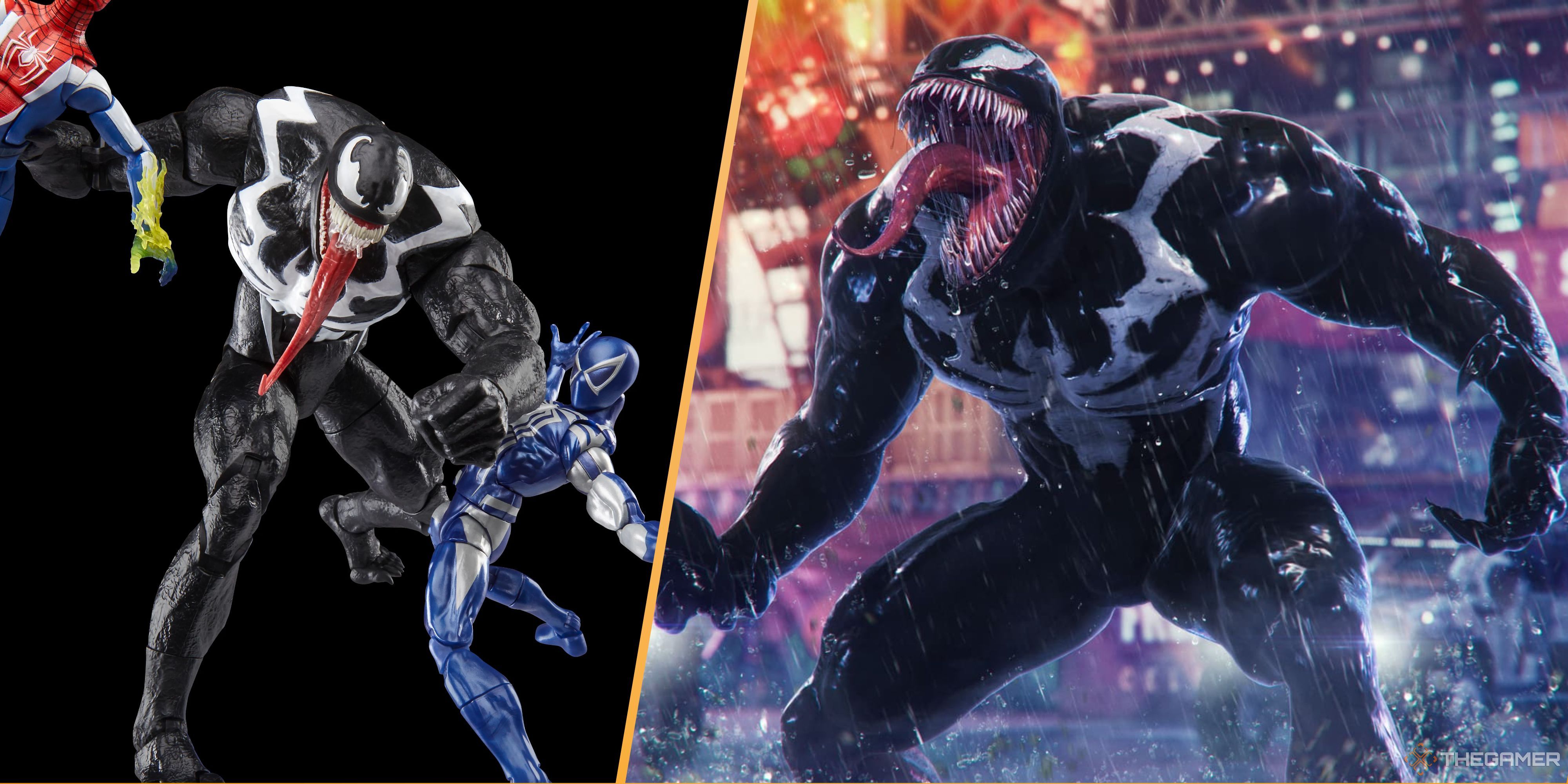 venom action figure holding two spider-men action figures next to an image of venom from spider-man 2.