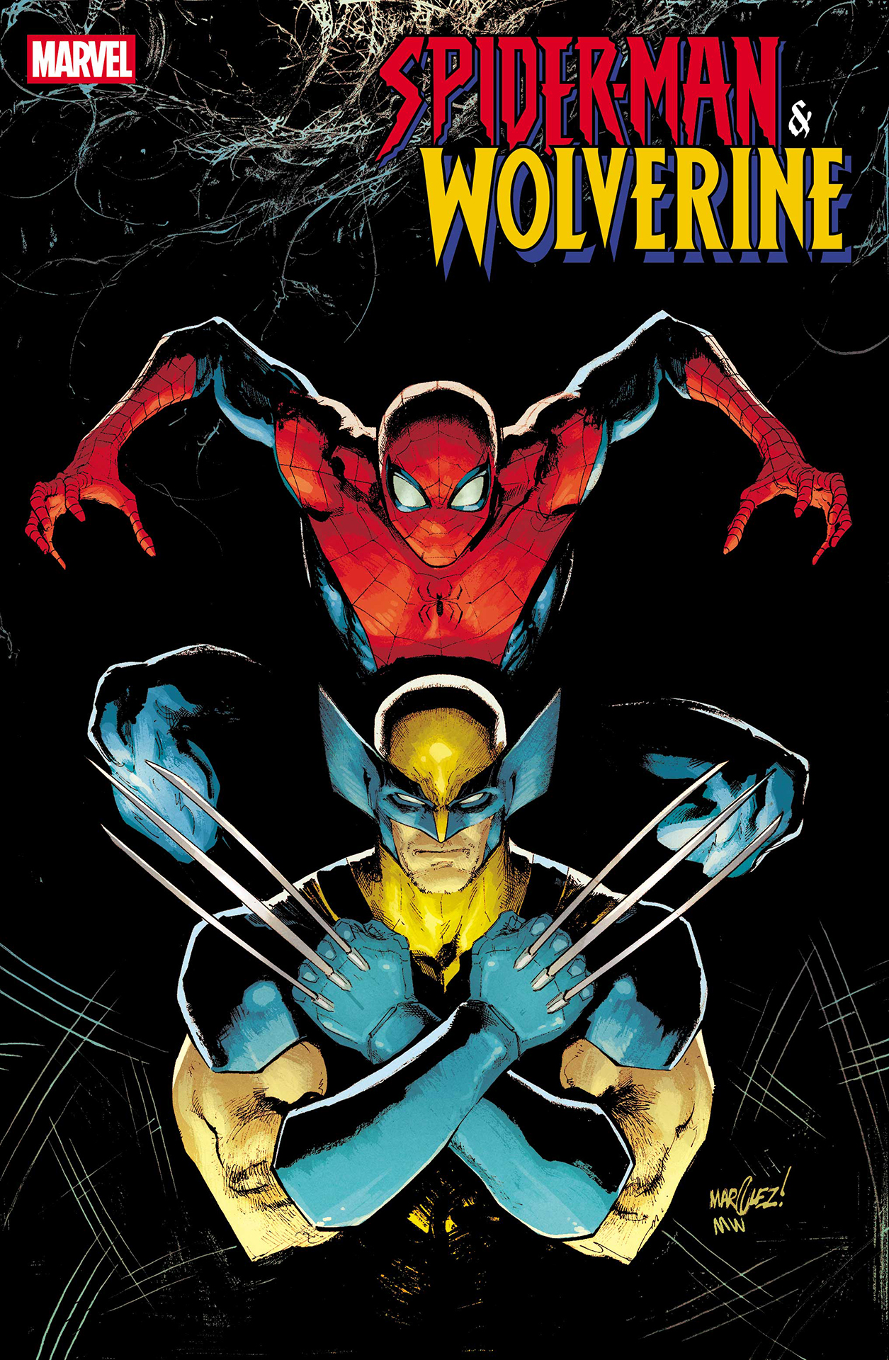 Spider-Man & Wolverine #1 cover by David Marquez, showing Wolverine posing with his claws crossed, with Spider-Man leaping up behind him.