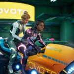 Mio and Zoe jump onto a cyberpunk style motorbike in Split Fiction